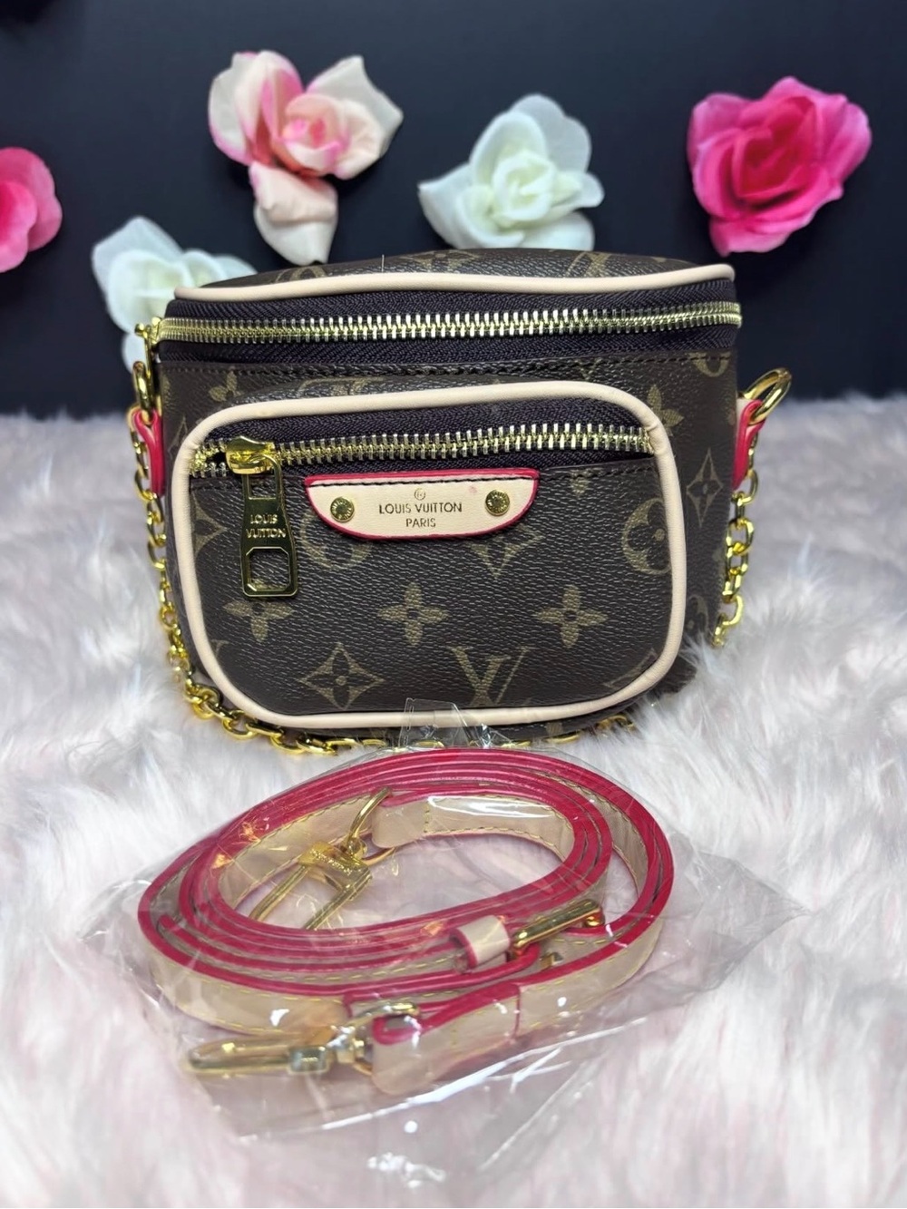 Source Unknown Brown Monogram Crossbody with Pink Trim